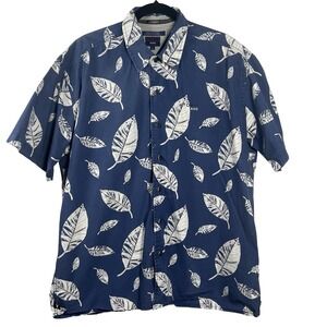 VTG Tommy Jeans Blue White Mens L Cotton Short Sleeve Shirt Leaf Embroidered Y2K